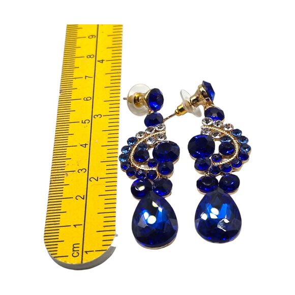 Pierced Earrings Royal Blue Dangle Clear Rhinestones Elegant Gift SKU2154 - Picture 2 of 5